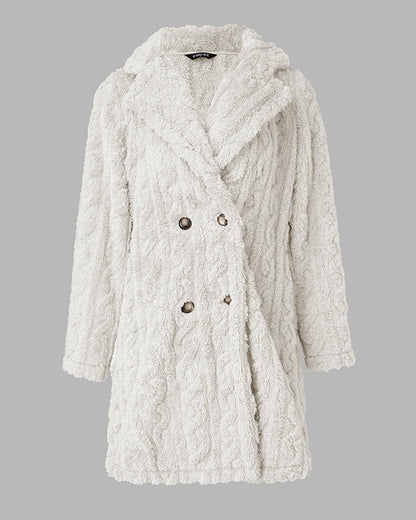 Cable Textured Lapel Neck Button Front Pocket Design Thermal Teddy Coat