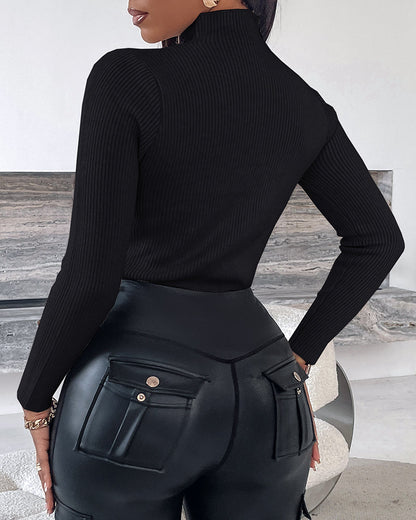 High Neck Long Sleeve Beaded Knit Sweater Hollow-out Fleece Lined Basic Layering Soft Versatile Thermal Top