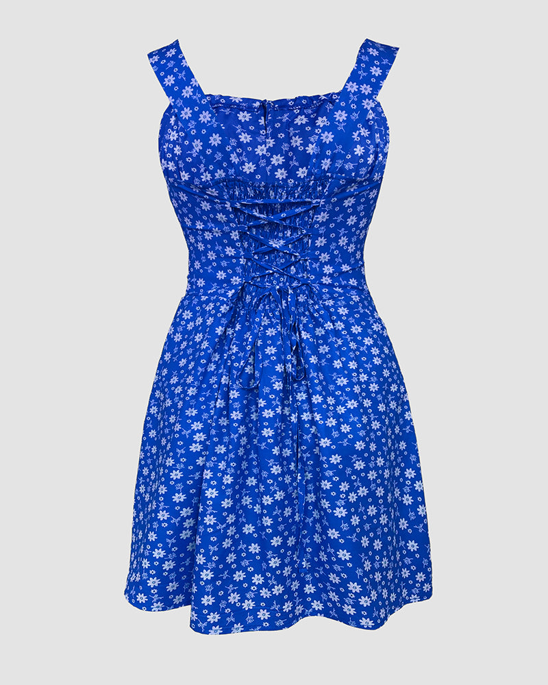 Floral Print Square Neck Thick Strap Tied Detail Romper Casual Shirred Lace-up Back Slit Skort Romper