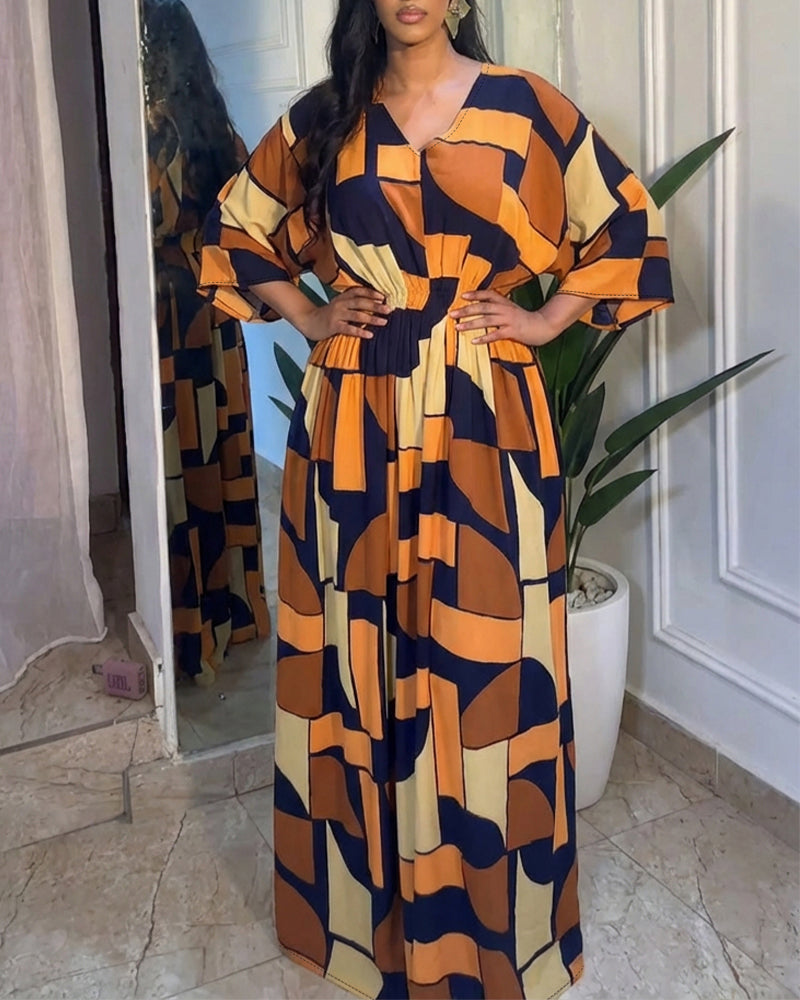 Colorblock Geometric Print V-Neck Batwing Sleeve Ruched Waist Overalls Casual Cinched Waist Wide Leg Jumpsuit