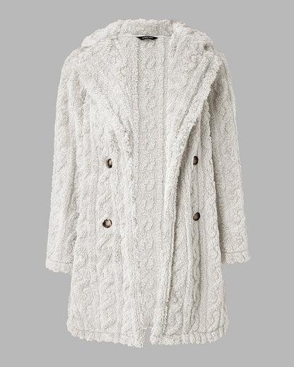 Cable Textured Lapel Neck Button Front Pocket Design Thermal Teddy Coat