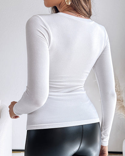 Built In Bra U Neck Tee High Stretchy Knit T-Shirt Long Sleeve Top