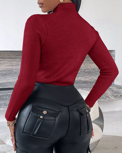 High Neck Long Sleeve Beaded Knit Sweater Hollow-out Fleece Lined Basic Layering Soft Versatile Thermal Top