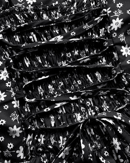 Floral Print Square Neck Thick Strap Tied Detail Romper Casual Shirred Lace-up Back Slit Skort Romper