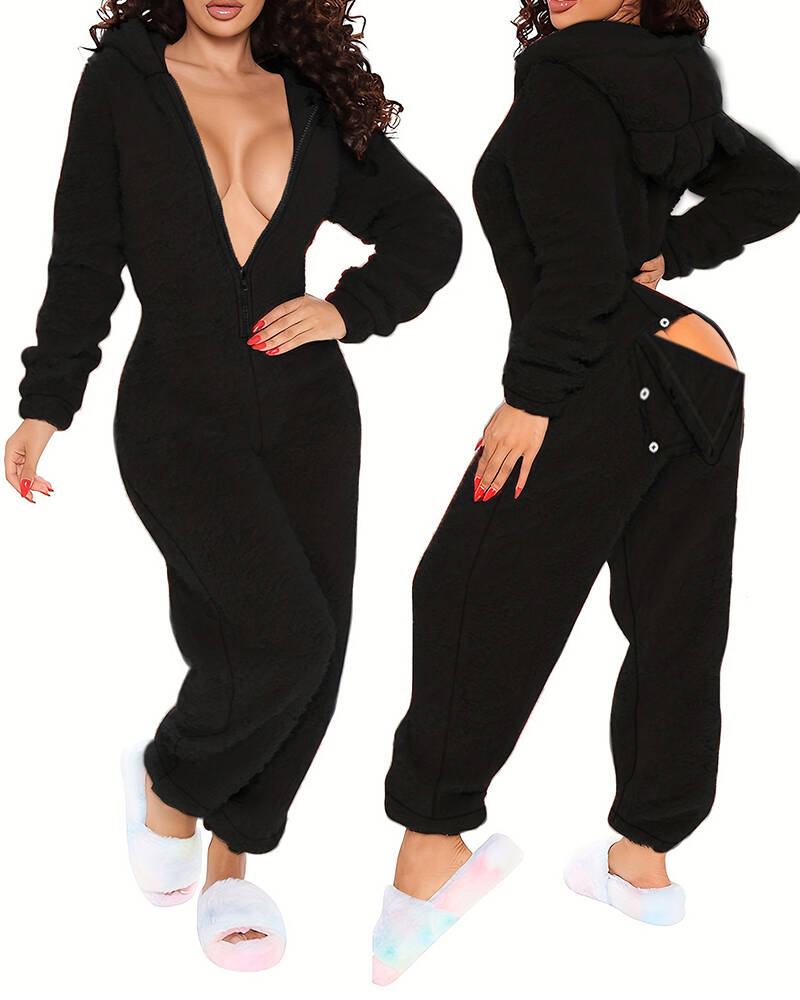 3D Ear Buttoned Flap Functional Fluffy Lounge Jumpsuit