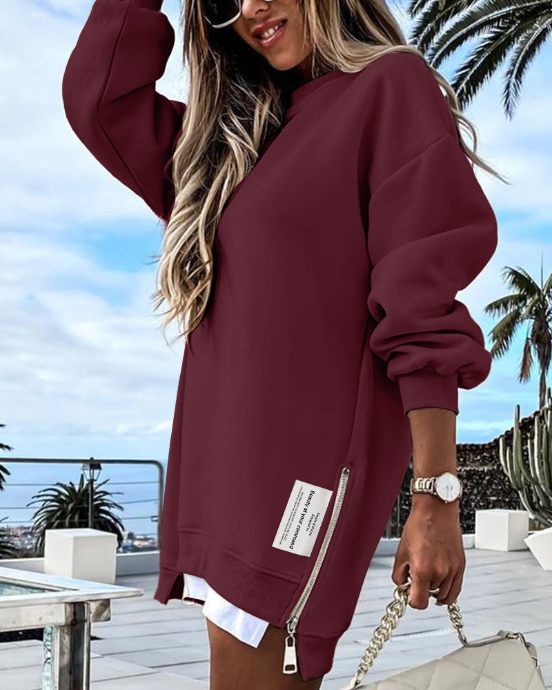 Letter Patch Detail Long Sleeve Drop Shoulder Pullover Sweatshirt Casual Zipper Side Slit Top