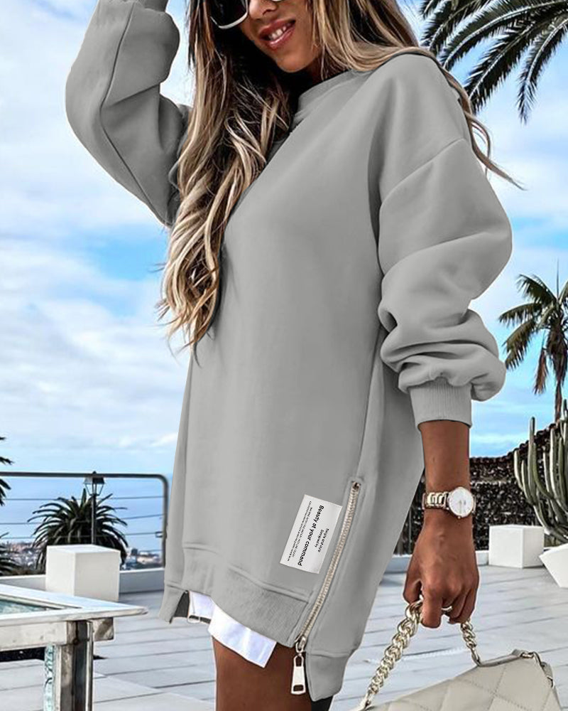 Letter Patch Detail Long Sleeve Drop Shoulder Pullover Sweatshirt Casual Zipper Side Slit Top