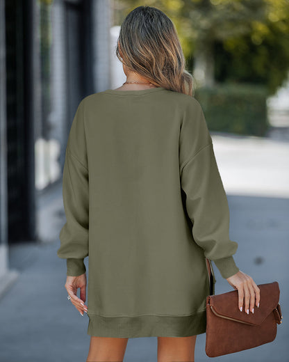 Letter Patch Detail Long Sleeve Drop Shoulder Pullover Sweatshirt Casual Zipper Side Slit Top