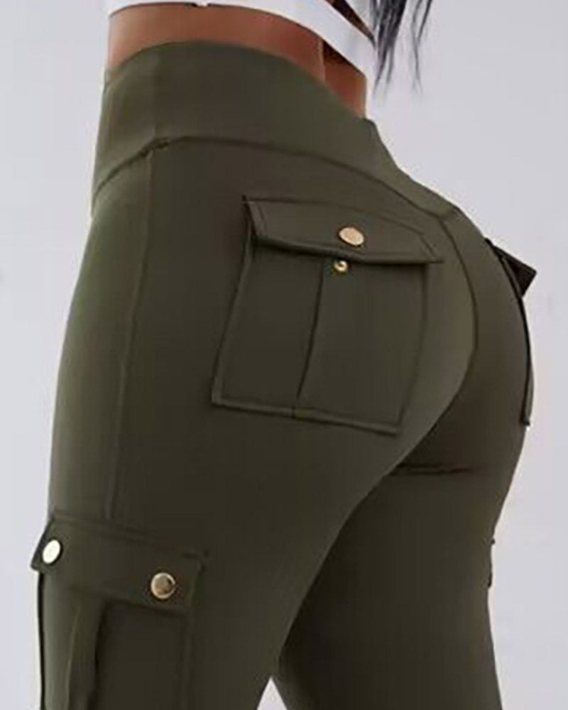 Butt Lifting Leggings with Flap Pockets High Waist Tummy Control Workout Cargo Pants