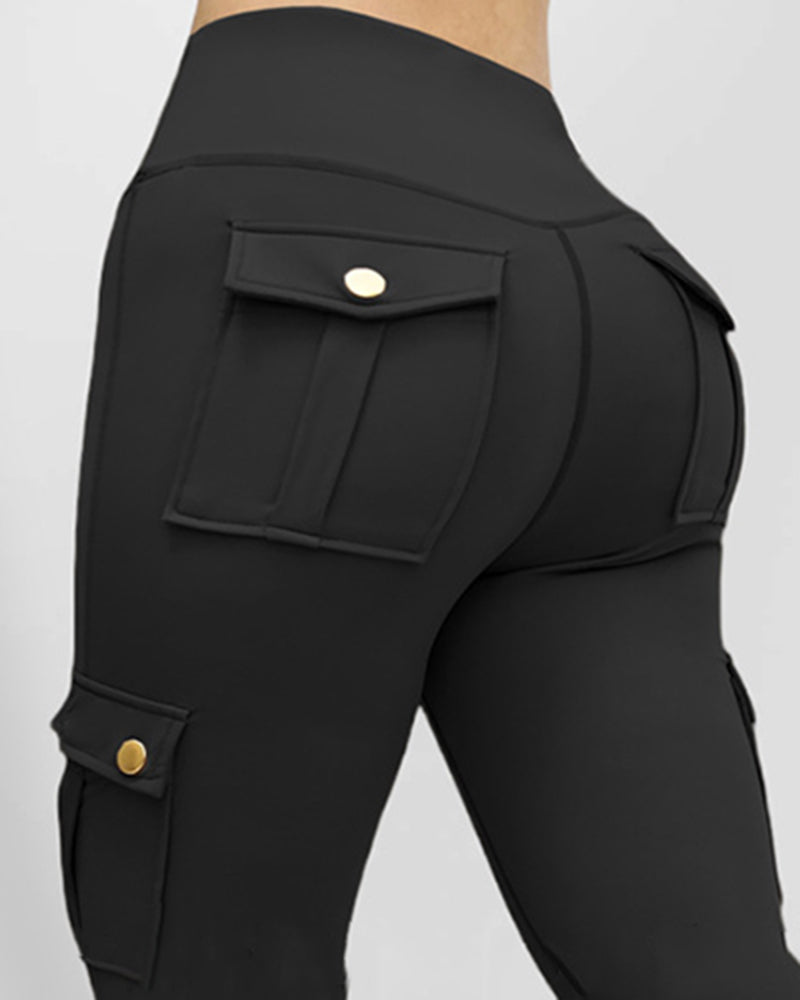 Butt Lifting Leggings with Flap Pockets High Waist Tummy Control Workout Cargo Pants