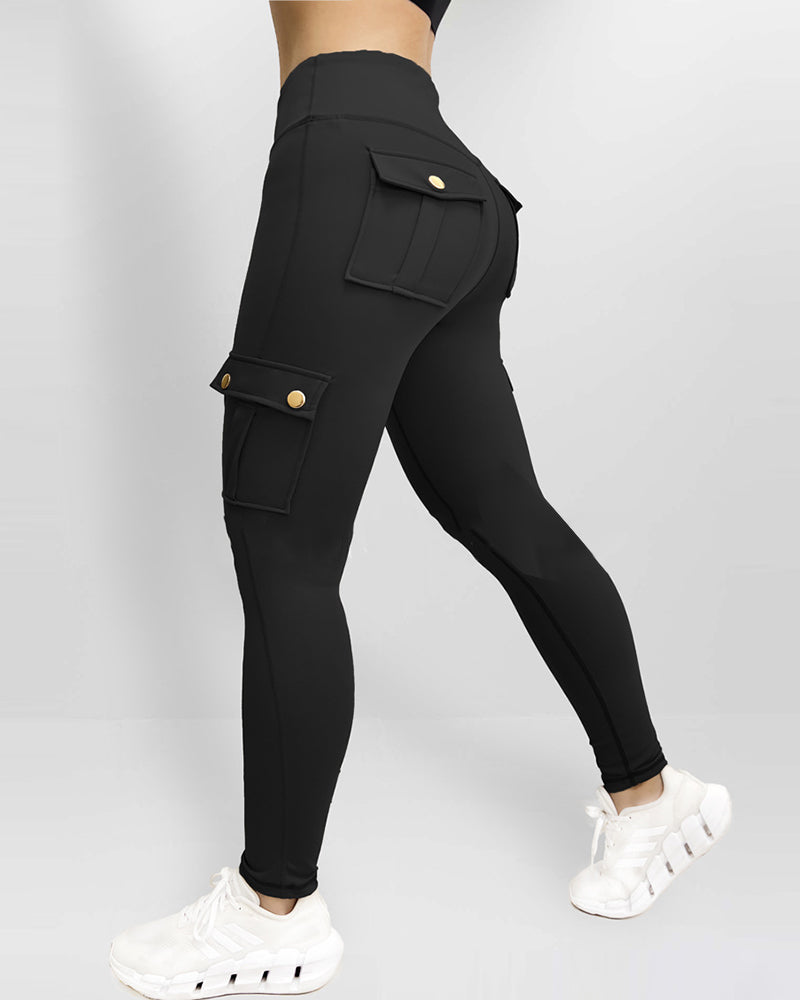 Butt Lifting Leggings with Flap Pockets High Waist Tummy Control Workout Cargo Pants
