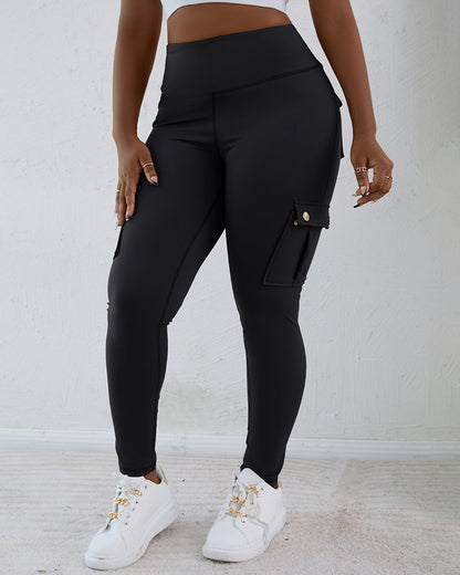 Butt Lifting Leggings with Flap Pockets High Waist Tummy Control Workout Cargo Pants