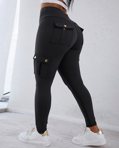 Butt Lifting Leggings with Flap Pockets High Waist Tummy Control Workout Cargo Pants