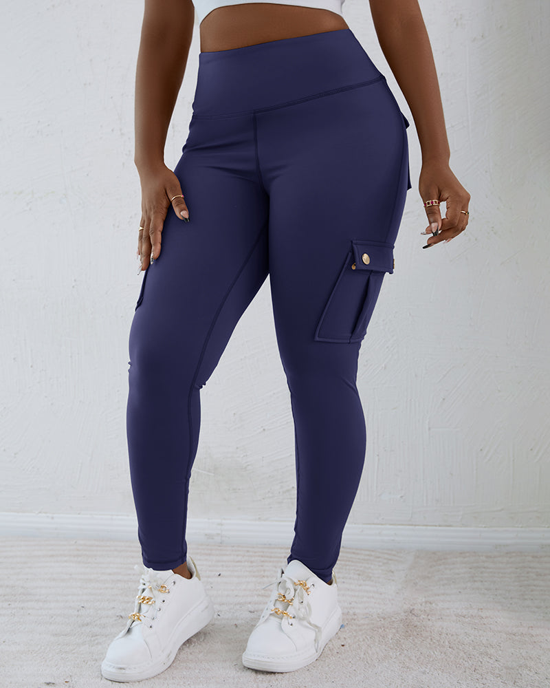 Butt Lifting Leggings with Flap Pockets High Waist Tummy Control Workout Cargo Pants