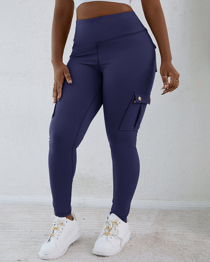 Butt Lifting Leggings with Flap Pockets High Waist Tummy Control Workout Cargo Pants