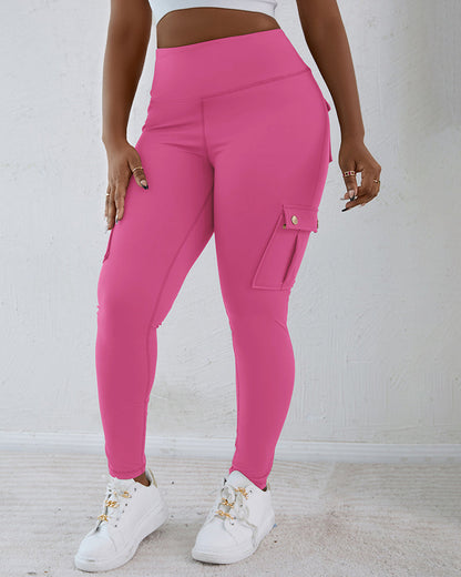 Butt Lifting Leggings with Flap Pockets High Waist Tummy Control Workout Cargo Pants