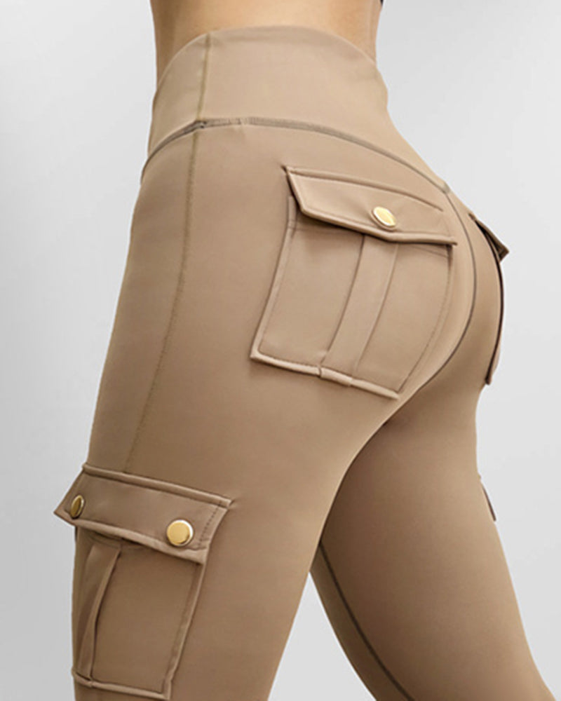 Butt Lifting Leggings with Flap Pockets High Waist Tummy Control Workout Cargo Pants