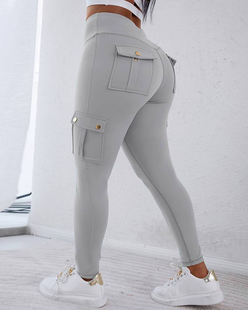 Butt Lifting Leggings with Flap Pockets High Waist Tummy Control Workout Cargo Pants