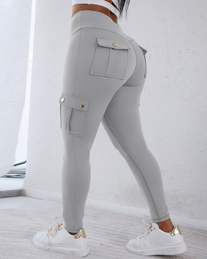 Butt Lifting Leggings with Flap Pockets High Waist Tummy Control Workout Cargo Pants