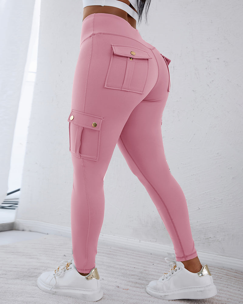 Butt Lifting Leggings with Flap Pockets High Waist Tummy Control Workout Cargo Pants