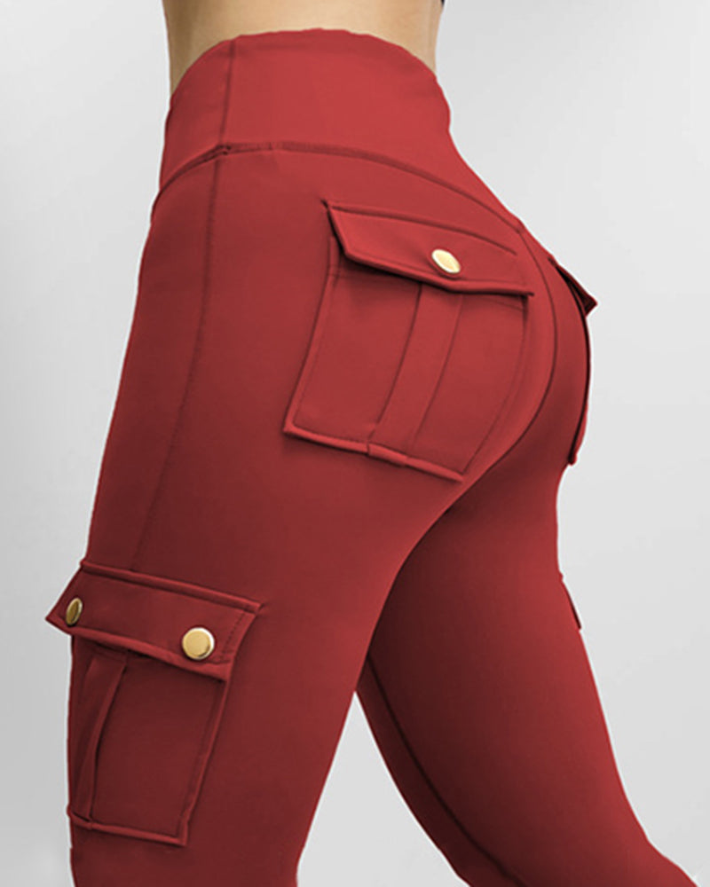 Butt Lifting Leggings with Flap Pockets High Waist Tummy Control Workout Cargo Pants