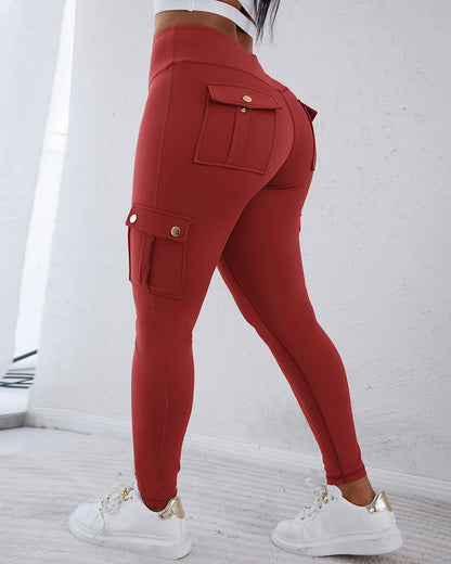 Butt Lifting Leggings with Flap Pockets High Waist Tummy Control Workout Cargo Pants