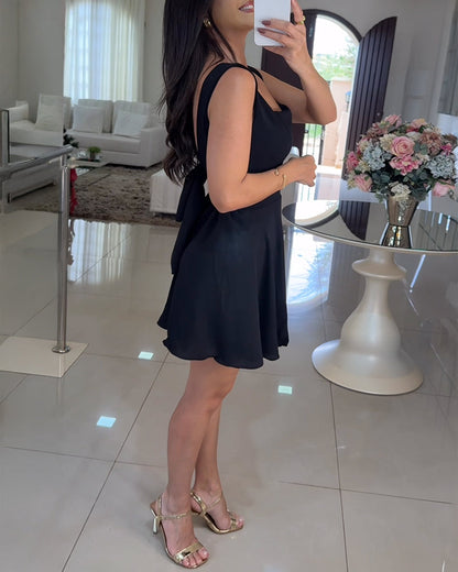 Square Neck Thick Strap Open Back Tie Back Textured Romper Casual Elastic Back Waist Backless Cinched Waist A Line Skorts Romper